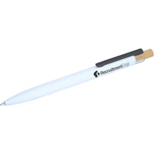 A recycled metal pen in white with a wooden accent and a clip. It features a logo on the barrel.