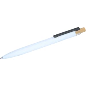 A white metal pen with a bamboo accent and a black clip, featuring a branding logo.