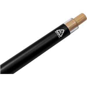 A black metal pen with a bamboo tip and a logo, designed as an eco-friendly writing instrument.