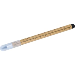 A stylus pen featuring a transparent tip and wooden body, with measurement markings along its length.