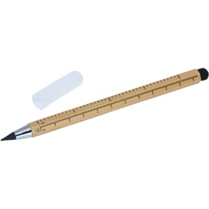 A wooden stylus pen in natural colour with a black tip, accompanied by a transparent cap.