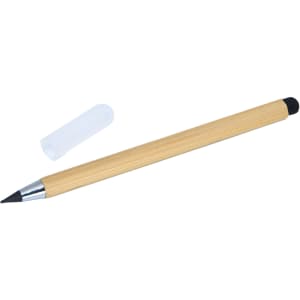 A bamboo stylus pen with a black tip and a clear protective cap beside it.