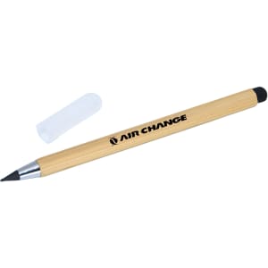 A bamboo stylus pen with a black tip and a white cap, featuring a logo on the barrel.