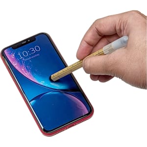 An Everlast Inkless Stylus Pen in gold being used on a smartphone screen. The phone is encased in a red protective cover.