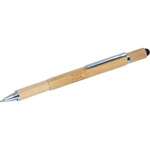 A bamboo stylus pen with a silver clip and tip, featuring a natural wood finish.