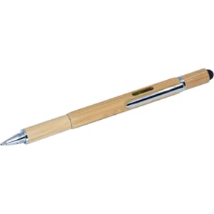 A bamboo stylus pen with a silver clip and tip, featuring a black rubber end for touchscreen use.