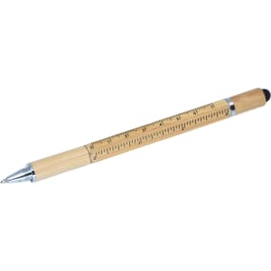 A bamboo stylus pen with metal accents, featuring a ruler printed on its side and a black rubber tip.