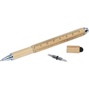 A bamboo stylus pen with a silver tip, detachable cap, and a ruler etched along the barrel.