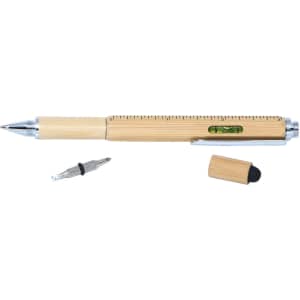 A bamboo stylus pen featuring silver accents, a ruler, and a removable cap. The design includes a spirit level.