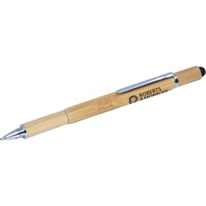 A bamboo stylus pen with a silver clip and tip, featuring a logo on the barrel.