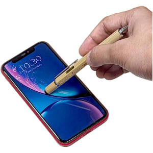 A bamboo stylus pen is held above a smartphone screen, showcasing its natural wood finish and sleek design.
