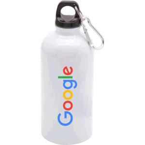 A drink bottle in clear stainless steel with a black lid and a silver carabiner, featuring a colourful logo.