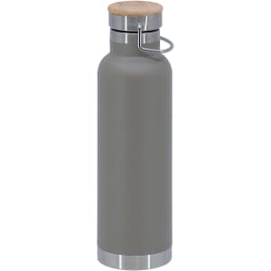 A drink bottle featuring a grey body, wooden lid, and stainless steel base, with a logo on the side.