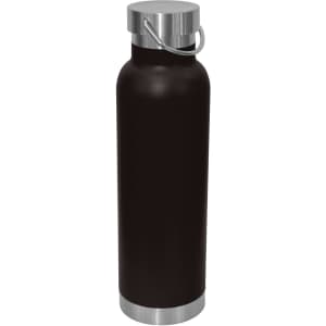 A drink bottle in black with a stainless steel base and lid, featuring a carry handle.