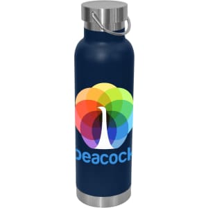 A drink bottle featuring a sleek navy blue design with a stainless steel lid and a logo. Holds 650ml.