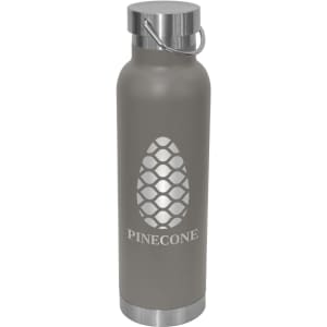 A drink bottle made of stainless steel in grey with a pinecone design and a carry lid.