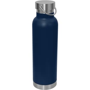 A drink bottle in navy blue with a stainless steel carry lid and base. It features a logo on the body.