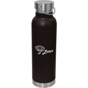 A drink bottle in black stainless steel with a silver lid and a logo. Ideal for carrying beverages.
