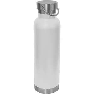 A drink bottle in white with a stainless steel lid and bottom, featuring a handle and a logo.
