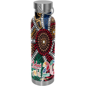 A drink bottle featuring a vibrant, multicoloured Aboriginal-inspired design and a stainless steel carry lid.