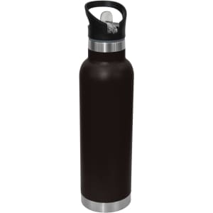 A drink bottle featuring a dark brown body with a black spout lid and a silver base, includes a logo.