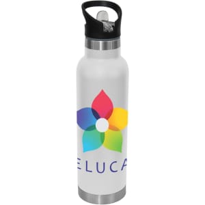 A drink bottle featuring a stainless steel design, white body, and a colourful flower logo with a black spout.