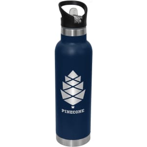 A drink bottle in navy blue with a stainless steel bottom and an attached black spout lid. It features a logo.