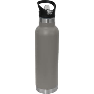A drink bottle in grey with a black spout and a silver base, featuring a handle and a logo.