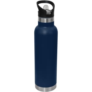 A drink bottle in navy blue with a stainless steel base and a black spout cap, featuring a logo.