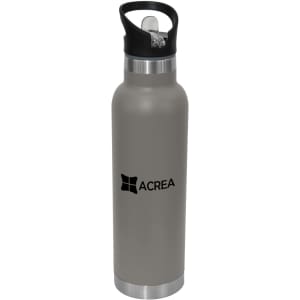 A drink bottle in grey with a stainless steel base and a black sipper spout, featuring a logo.