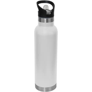 A drink bottle with a sleek white body, stainless steel base, and a black spout lid. It features a logo.