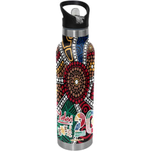 A drink bottle featuring a vibrant Aboriginal art design in red, brown, green, and blue, with a black spout lid and handle.