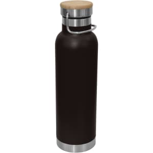 A drink bottle in dark brown with a bamboo lid and stainless steel base, featuring a metal handle.