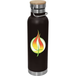 A drink bottle with a black finish, bamboo lid, and a logo featuring a flame motif.