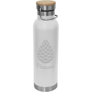 A drink bottle in white with a bamboo lid and stainless steel base, featuring a leaf design and logo.