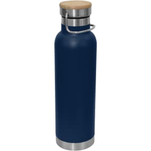 A drink bottle in navy blue with a stainless steel base and a bamboo lid. Features a metal handle and branding.