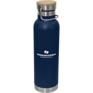 A drink bottle featuring a navy blue finish, stainless steel base, and a bamboo lid. It includes a logo on the front.