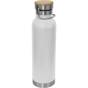 A drink bottle featuring a white body, stainless steel base, and a bamboo lid, complete with a logo.