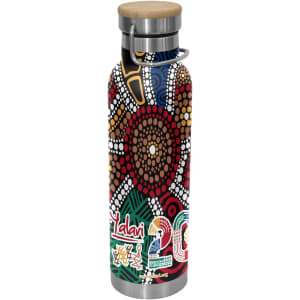 A drink bottle featuring a vibrant Aboriginal-inspired design, stainless steel body, and a bamboo lid.