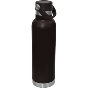 A drink bottle in black with a stainless steel base and carry lid. It features a sturdy handle and a logo.