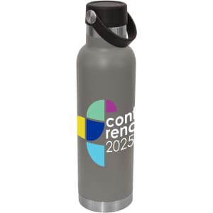 A drink bottle in a grey finish with a stainless steel base and a black carry lid, featuring branding on the side.