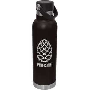 A drink bottle in black with a stainless steel base, featuring an embossed design and carrying lid.