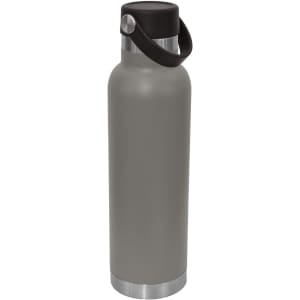 A drink bottle in grey with a black lid and a metal base, featuring a handle and branding.