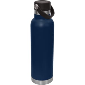 A drink bottle in navy blue with a stainless steel base and a black carry lid. Includes a handle for easy transport.