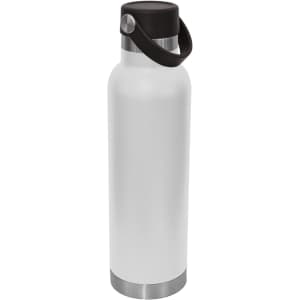 A drink bottle in white with a stainless steel base and a black carry lid, featuring a handle.