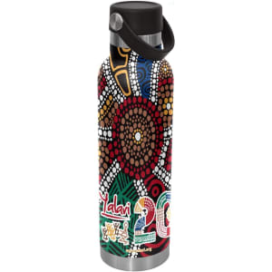 A drink bottle with a vibrant Aboriginal art design in red, black, green, and yellow, featuring a carry lid and strap.