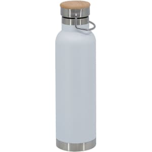A drink bottle with a light blue finish, stainless steel base, and a wooden lid. Includes a branding logo.