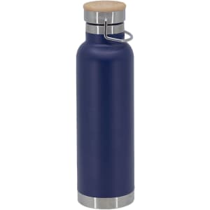 A drink bottle featuring a navy blue finish, stainless steel base, and a wooden-look cap. It has a branding logo.