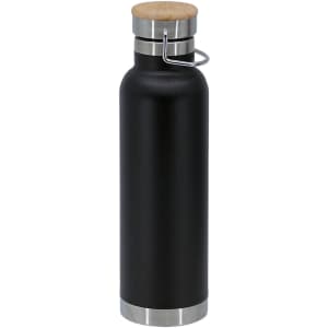 A drink bottle featuring a sleek black finish, a wooden lid, and stainless steel base. It includes a logo.