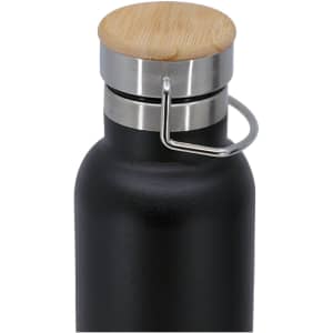 A drink bottle with a black body and a bamboo lid, featuring a metal handle and a branding logo.